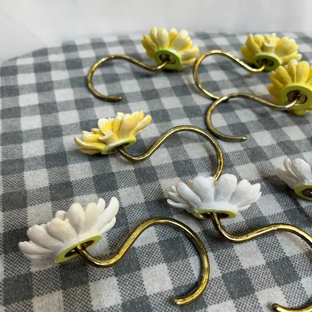 Vintage Shower Curtain Hooks Chrysanthemum Yellow White Brass Tone Set of 12